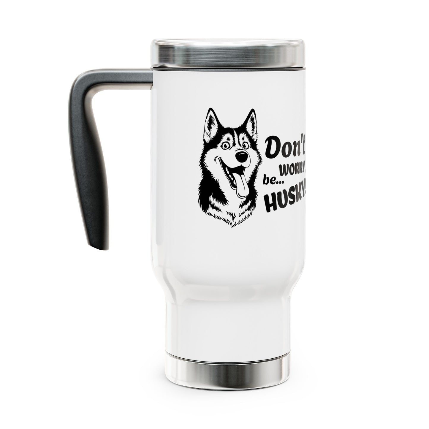 White travel mug with a husky design and text on a white background