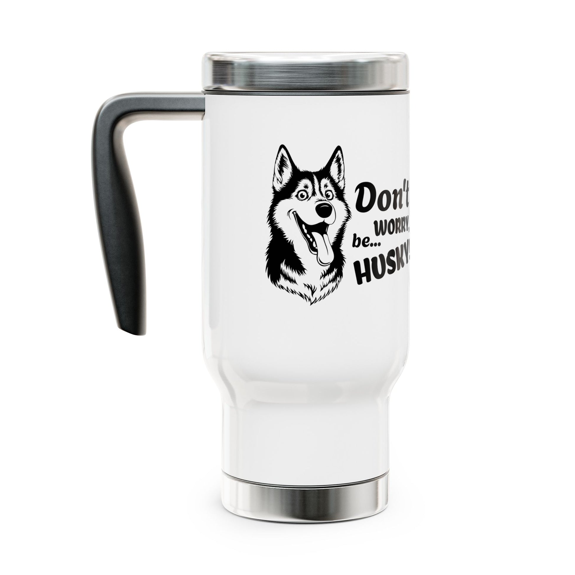 White travel mug with a husky design and text on a white background