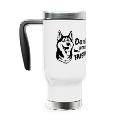White travel mug with a husky design and text on a white background
