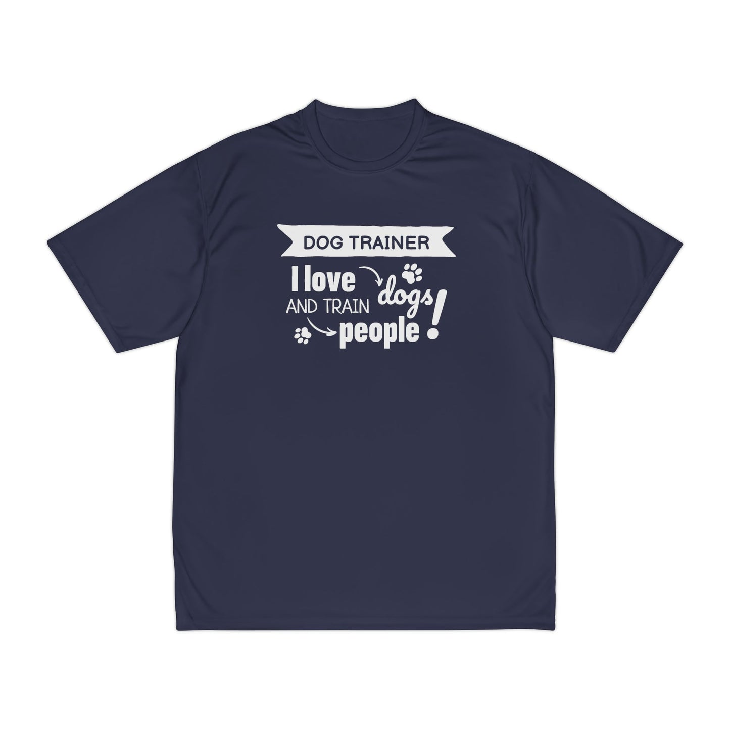 Navy blue t-shirt with white text 'Dog Trainer I love dogs and train people' on a white background