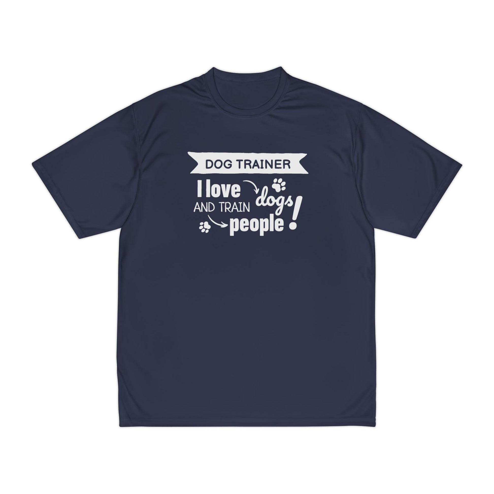 Navy blue t-shirt with white text 'Dog Trainer I love dogs and train people' on a white background