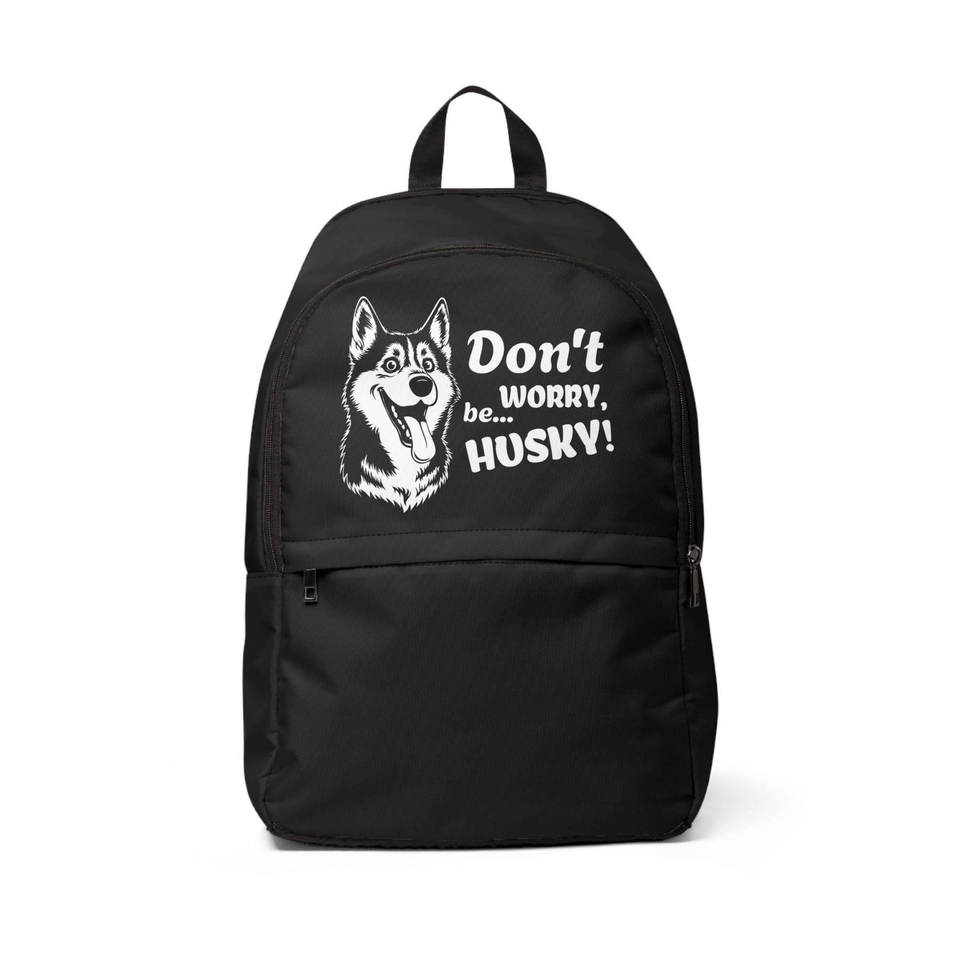 Black backpack with husky graphic and text on a white background