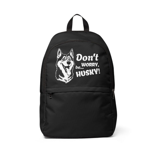 Black backpack with husky graphic and text on a white background