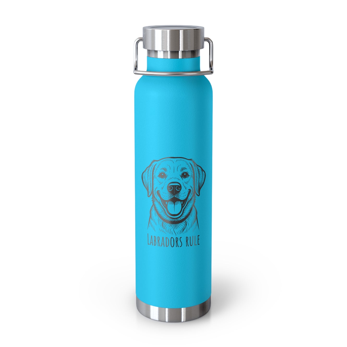 Blue water bottle with a dog illustration and 'Labradors Rule' text on a white background