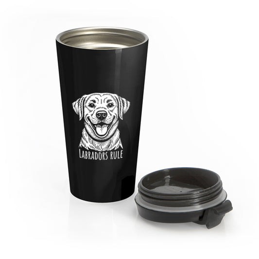 Black travel mug with a white labrador design and 'Labradors Rule' text on a white background
