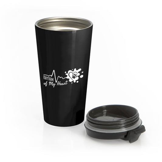 Black travel mug with 'Rhythm of My Heart' design on a white background