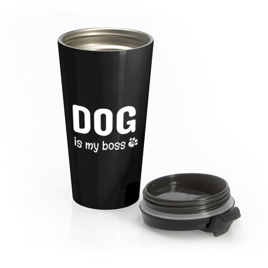 Black travel mug with 'DOG is my boss' text on a white background