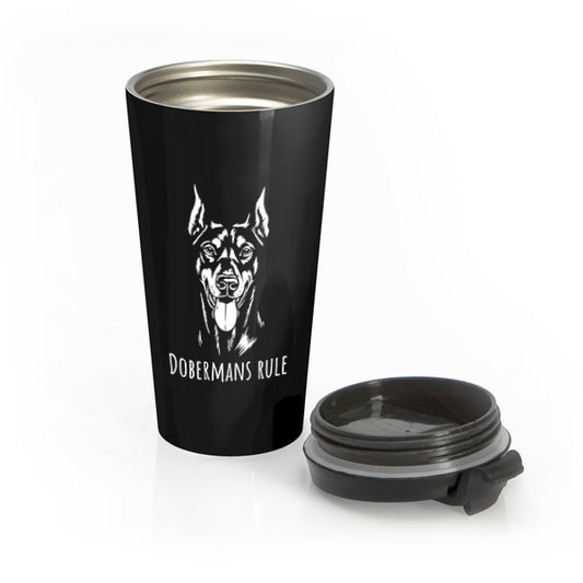Black travel mug with a doberman design and 'Dobermans Rule' text on a white background