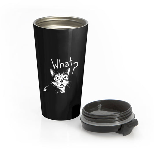 Black travel mug with a cat illustration and 'What?' text on a white background