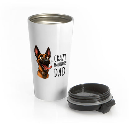 Travel mug with a dog illustration and text on a white background