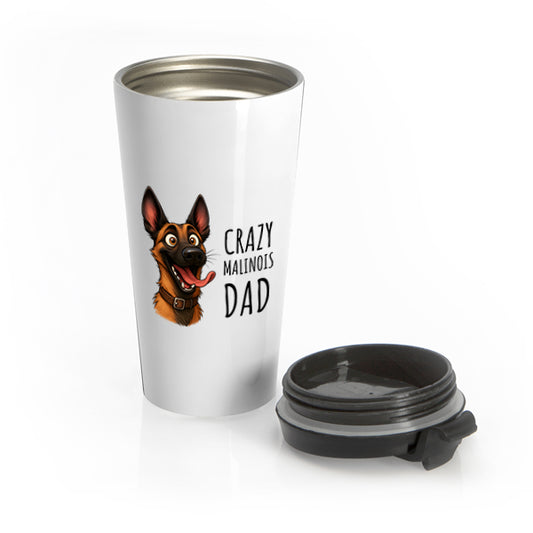 Travel mug with a dog illustration and text on a white background