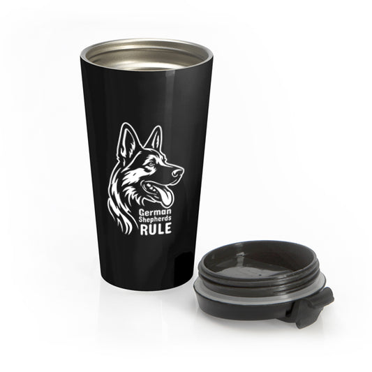 Black travel mug with a German Shepherd design and 'German Shepherds Rule' text on a white background