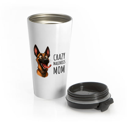 Travel mug with a dog illustration and text on a white background