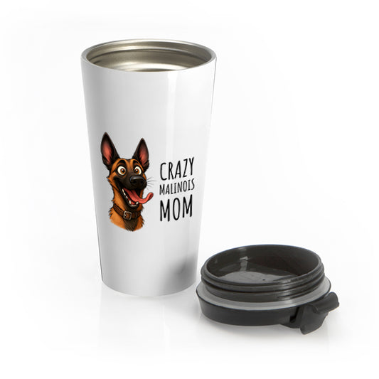 Travel mug with a dog illustration and text on a white background