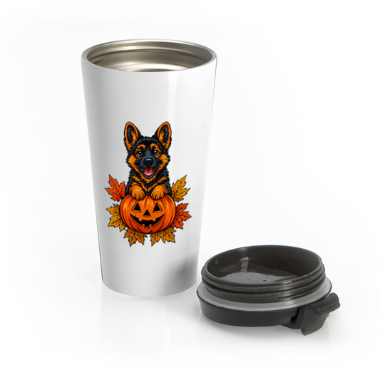 Silver travel mug with a dog in a pumpkin design on a white background