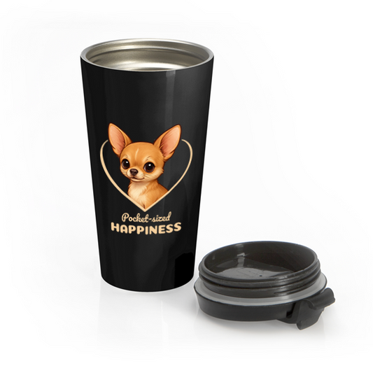 Black travel mug with a chihuahua illustration and text on a white background