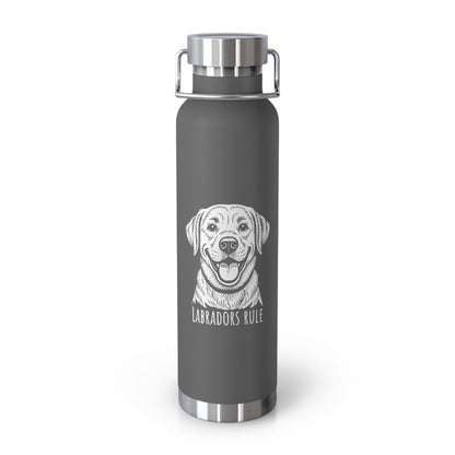 Gray water bottle with a dog illustration and 'Labradors Rule' text on a white background