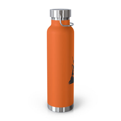 Orange water bottle with silver cap and base on a white background