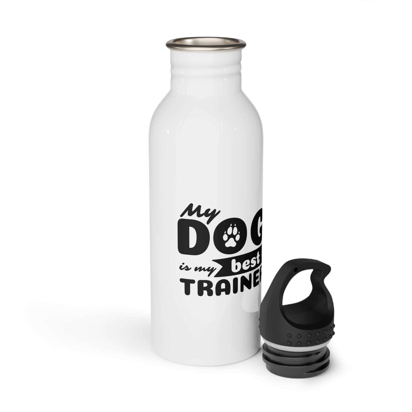 White water bottle with 'My dog is my best trainer' text and black paw print on a white background