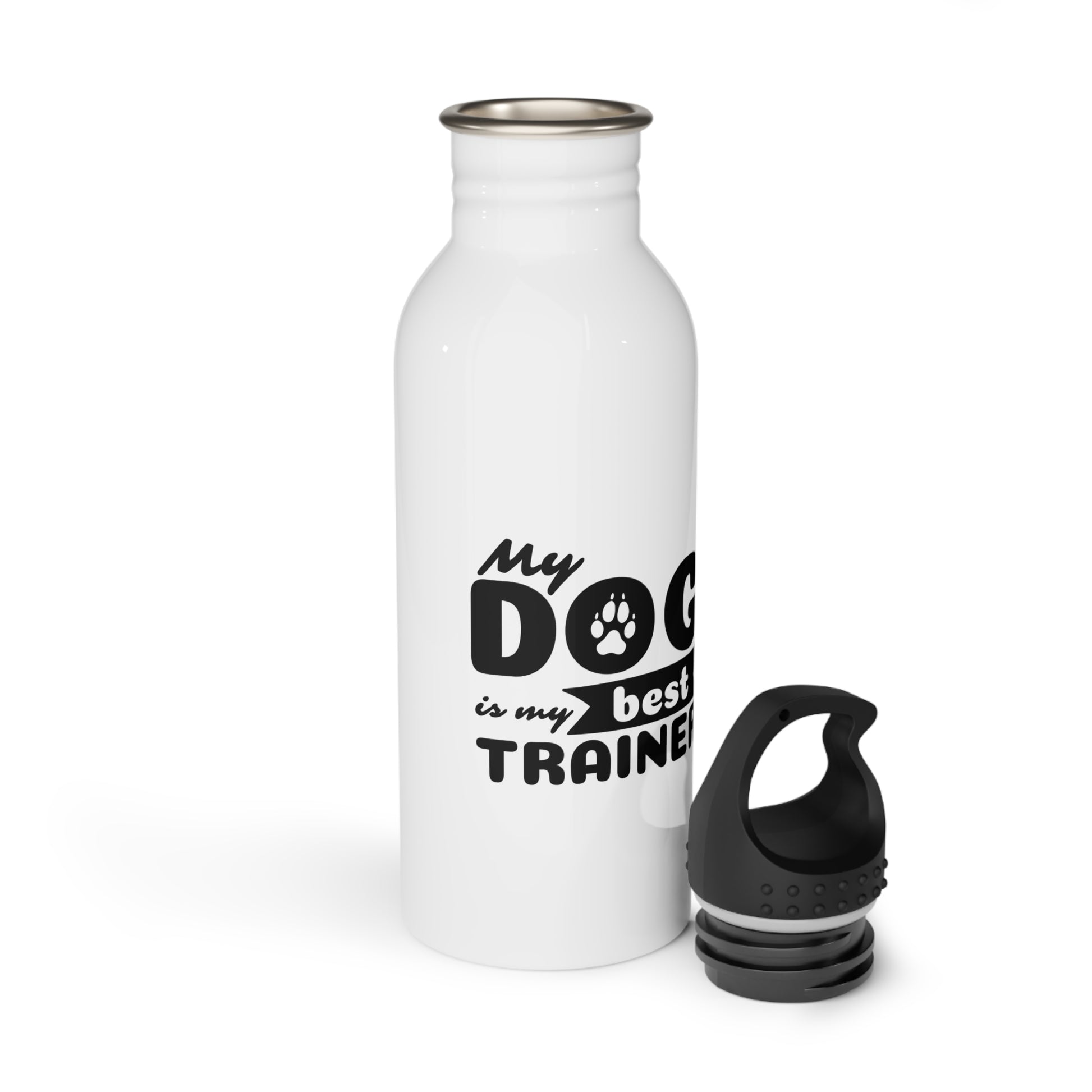 White water bottle with 'My dog is my best trainer' text and black paw print on a white background