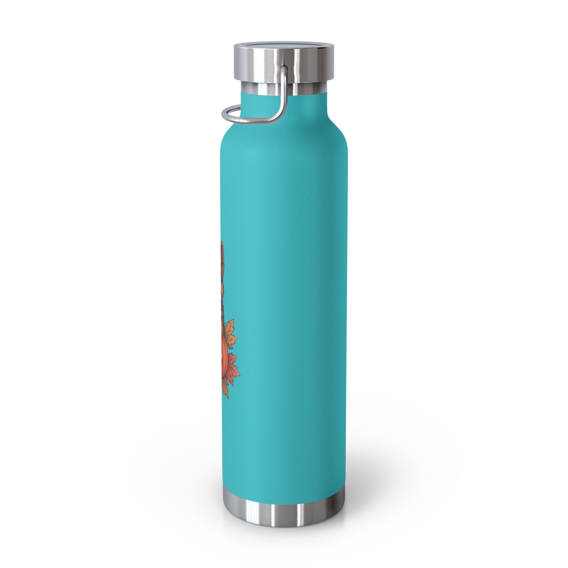 Turquoise water bottle with silver cap on a white background
