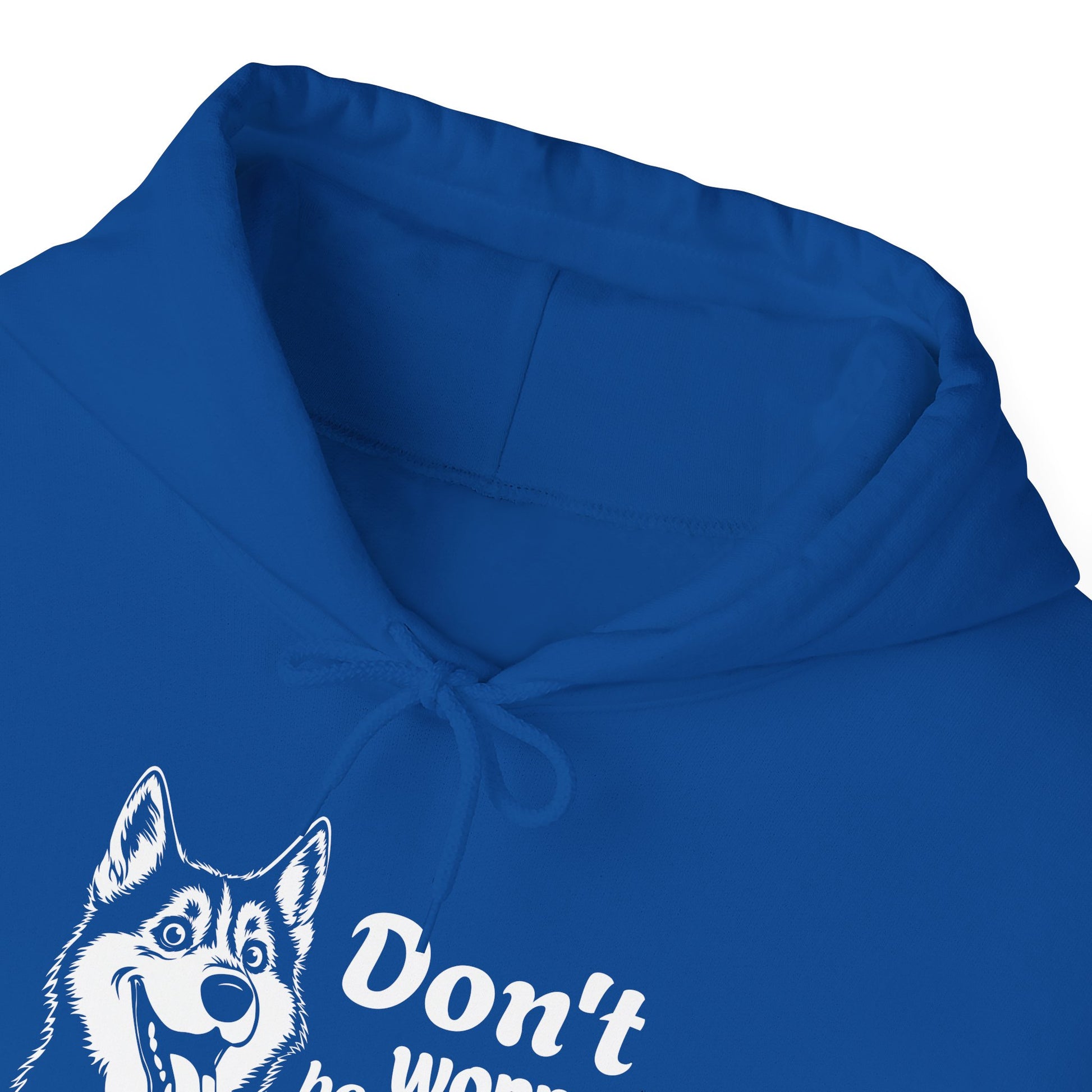 Blue hoodie with a wolf graphic and text on a white background