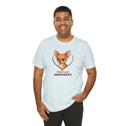 Man wearing a light blue t-shirt with a dog illustration and text on a white background