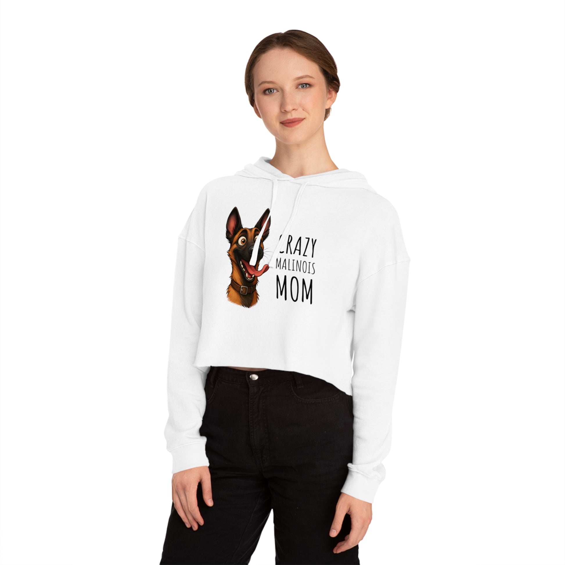 Woman wearing a white hoodie with a dog graphic and text on a white background