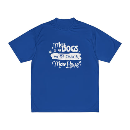 Blue t-shirt with white text 'More Dogs, More Chaos, More Love' on a white background