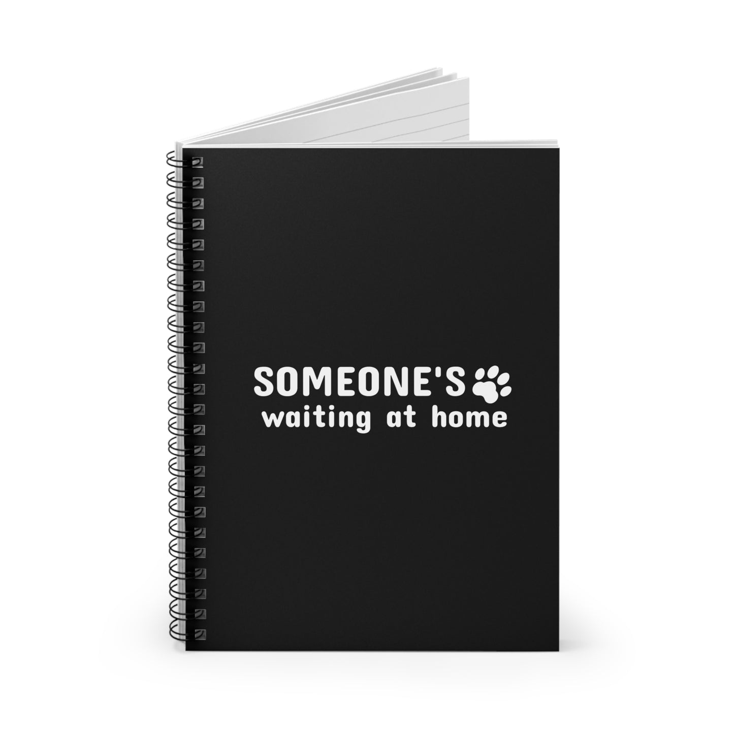 Black notebook with 'SOMEONE'S waiting at home' text and paw print on a white background
