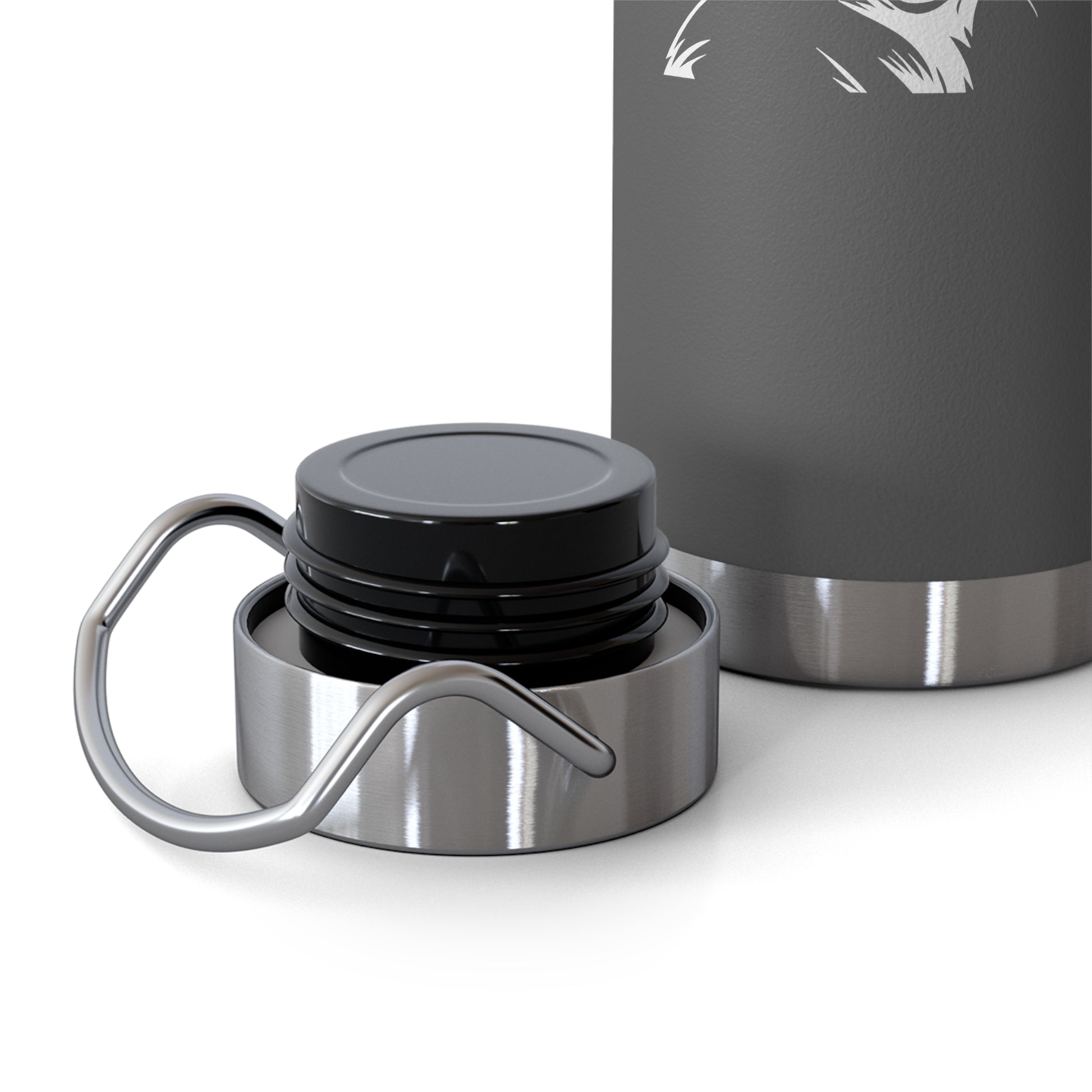 Black and silver insulated bottle with carabiner on a white background