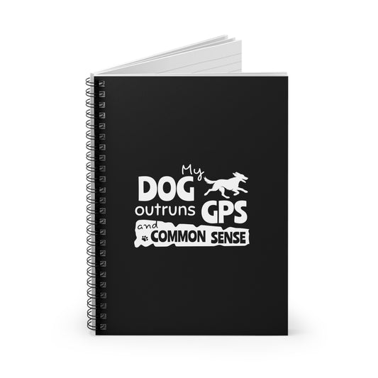 Black notebook with white text and dog graphic on a white background