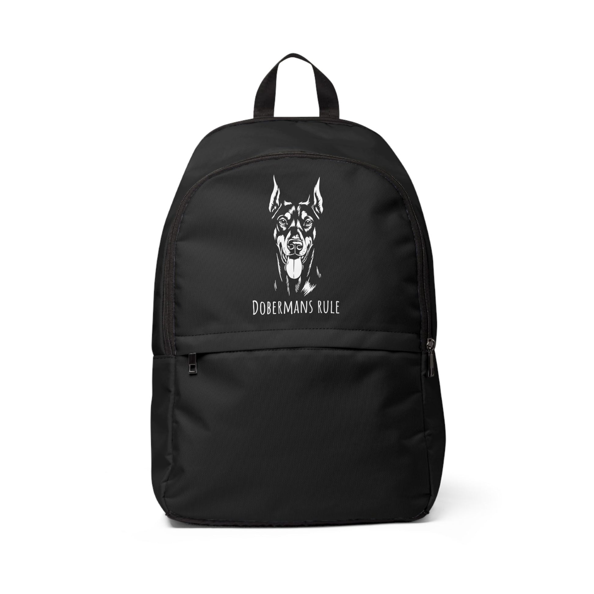 Black backpack with a Doberman graphic and 'Dobermans Rule' text on a white background