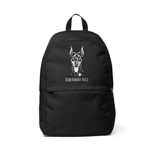 Black backpack with a Doberman graphic and 'Dobermans Rule' text on a white background