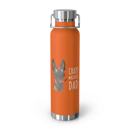 Orange water bottle with a dog illustration and text on a white background