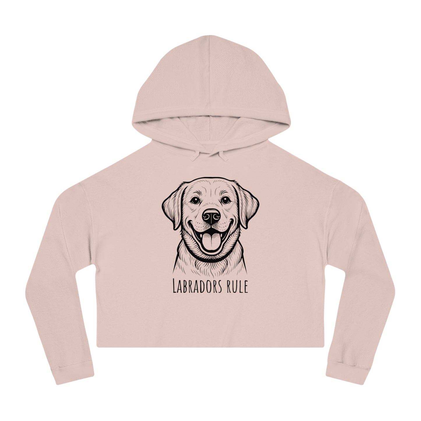 Pink cropped hoodie with a dog graphic and 'Labradors Rule' text on a white background