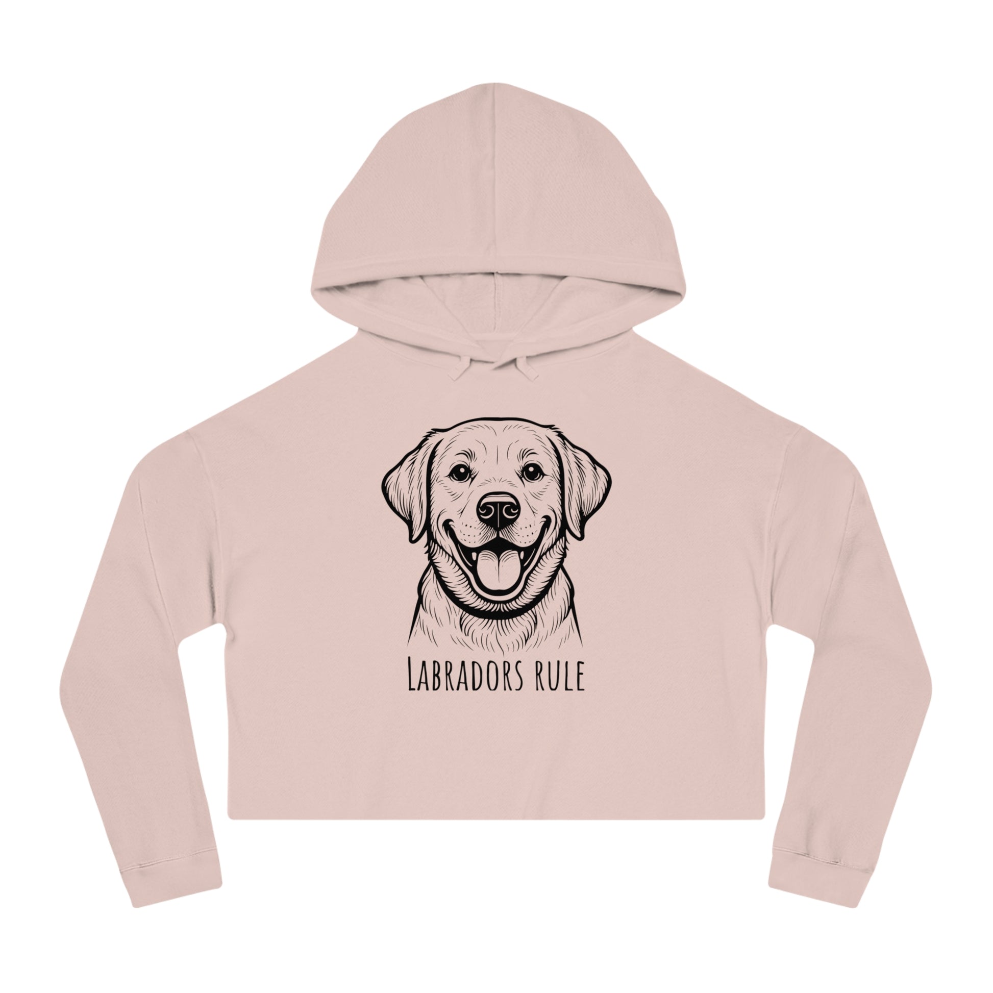 Pink cropped hoodie with a dog graphic and 'Labradors Rule' text on a white background