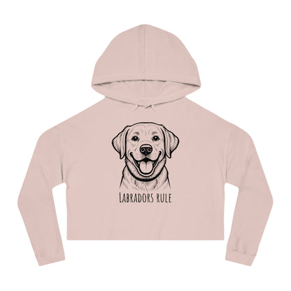 Pink cropped hoodie with a dog graphic and 'Labradors Rule' text on a white background