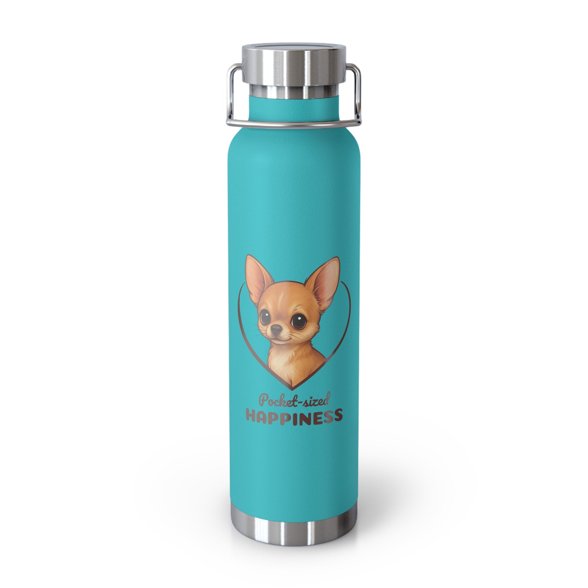 Turquoise water bottle with a dog illustration and text on a white background