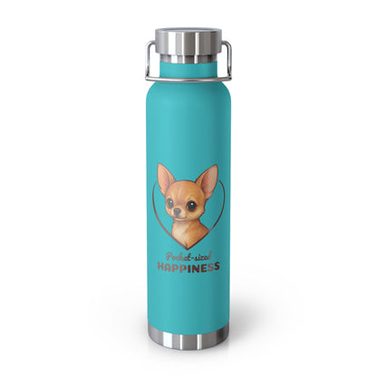 Turquoise water bottle with a dog illustration and text on a white background