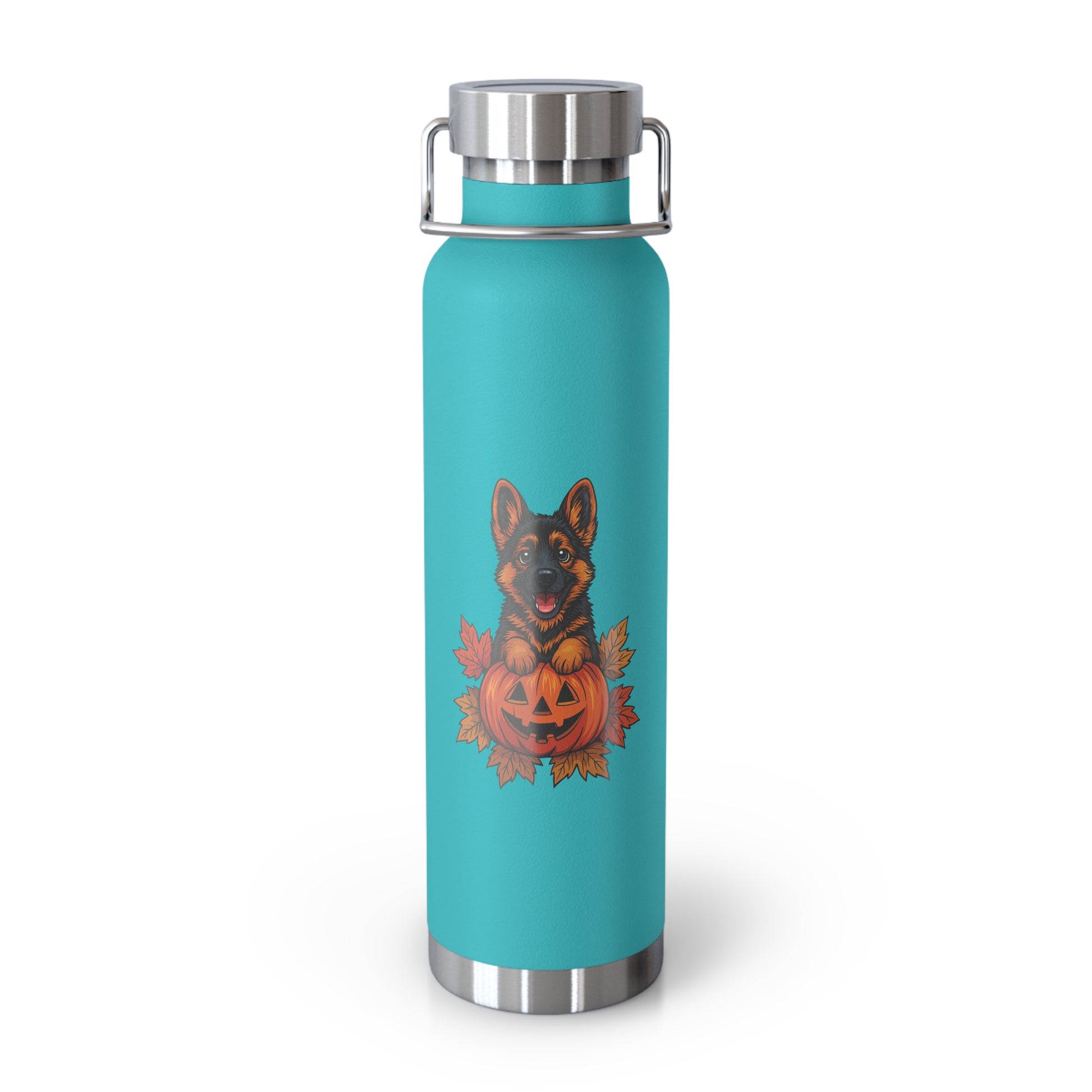 Turquoise water bottle with a dog and pumpkin design on a white background