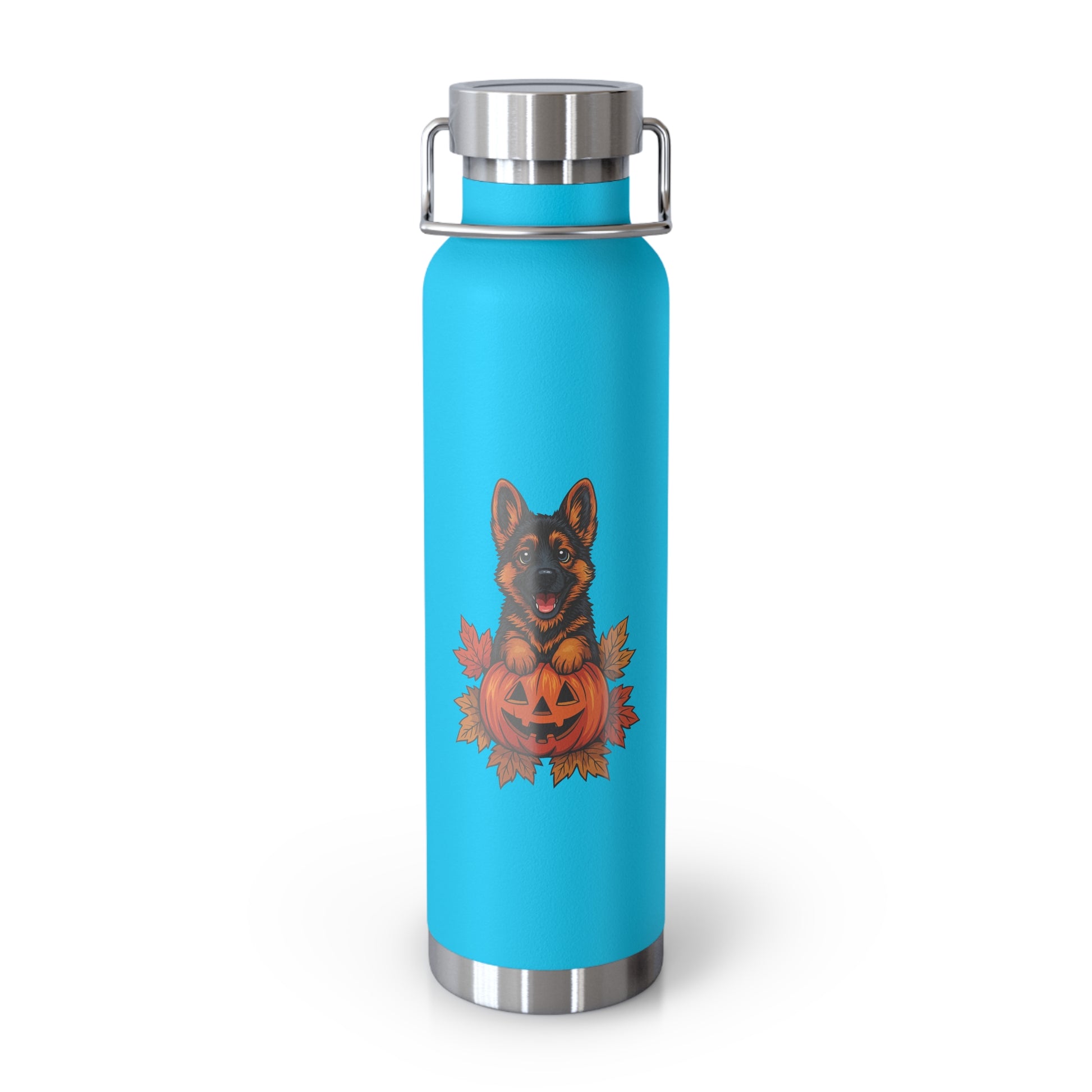 Blue water bottle with a German Shepherd and pumpkin design on a white background