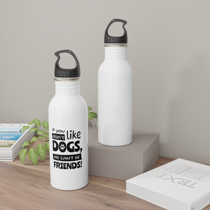 Two white water bottles with black text on a wooden surface.