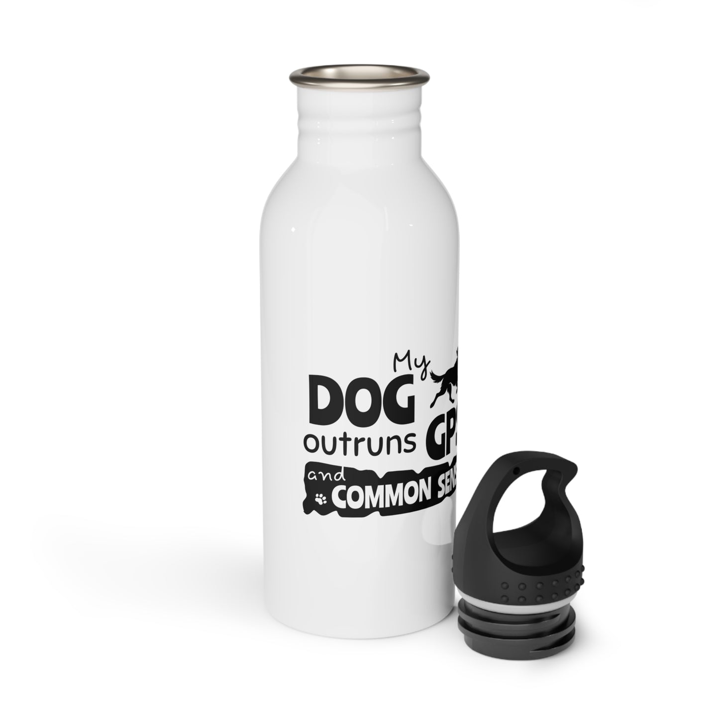 White water bottle with black text and a black cap on a white background