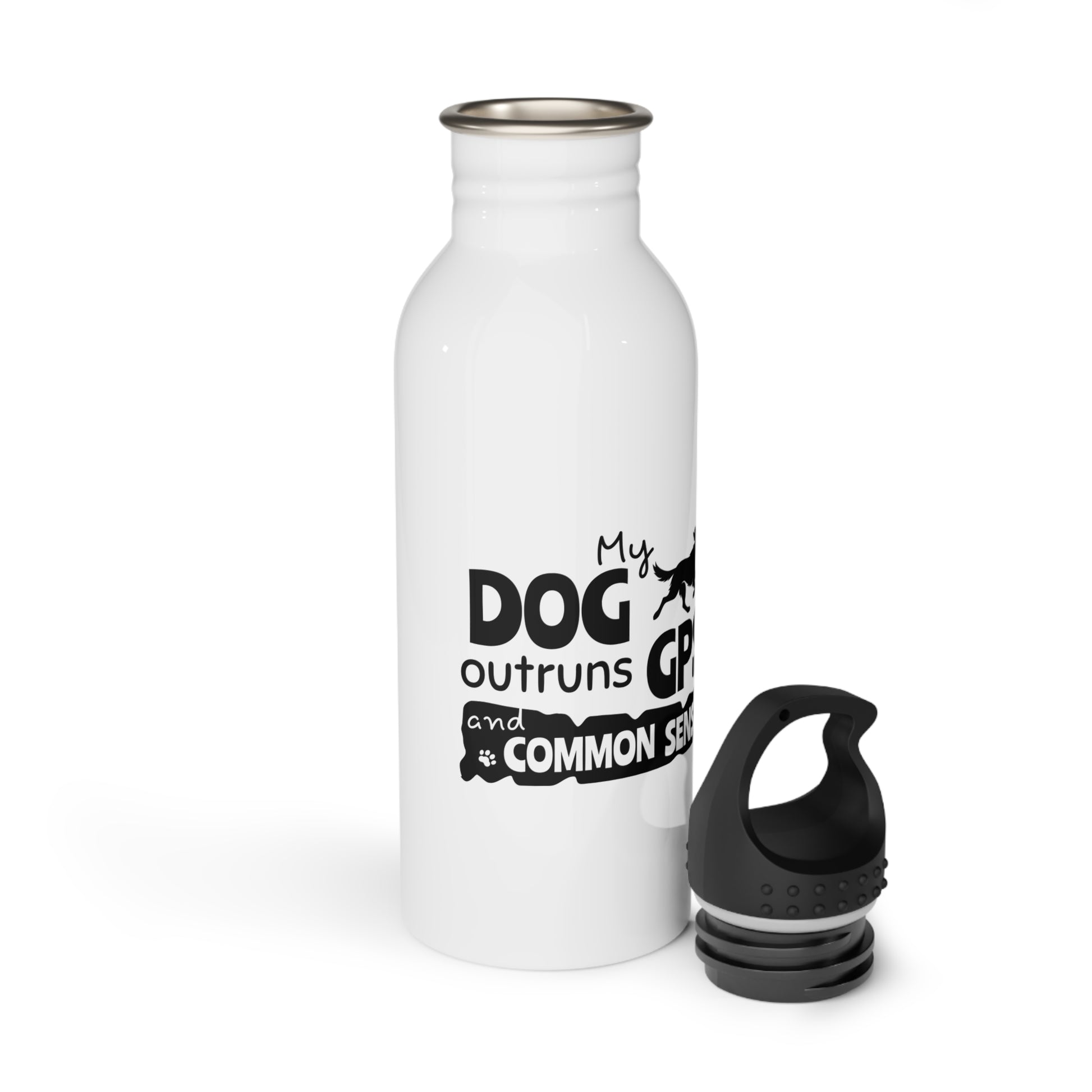 White water bottle with black text and a black cap on a white background