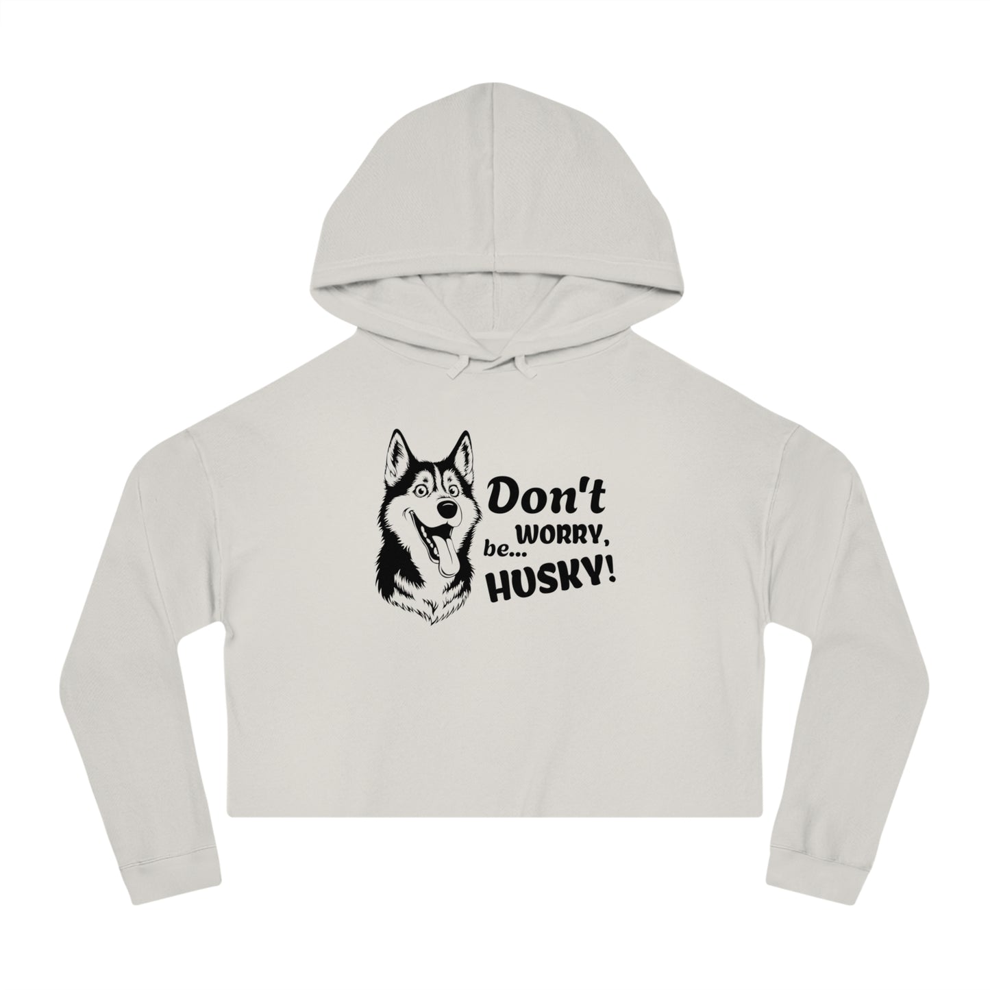 Light gray cropped hoodie with husky graphic and text on a white background