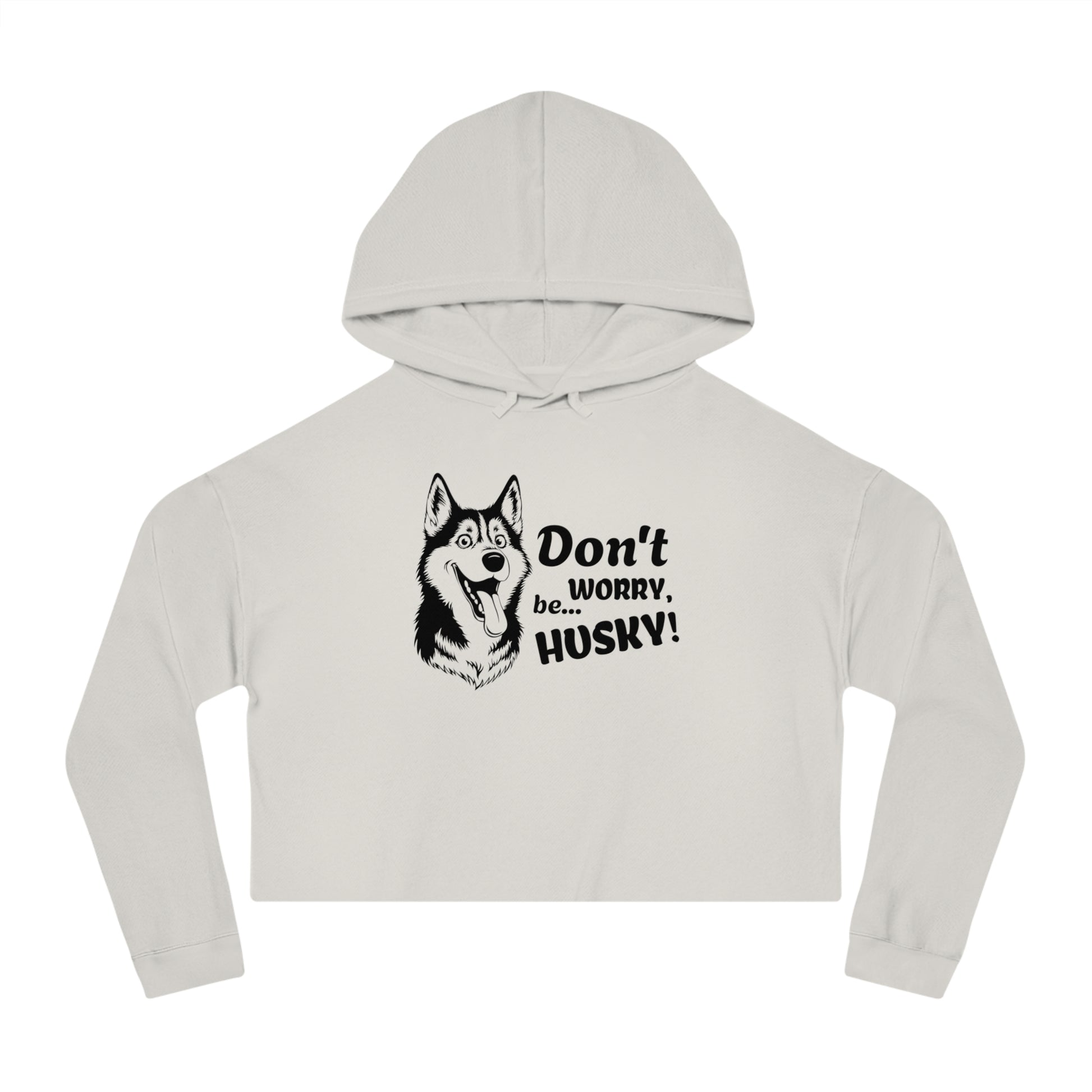 Light gray cropped hoodie with husky graphic and text on a white background