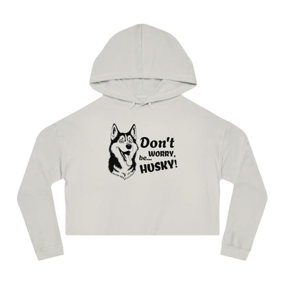 Light gray cropped hoodie with husky graphic and text on a white background