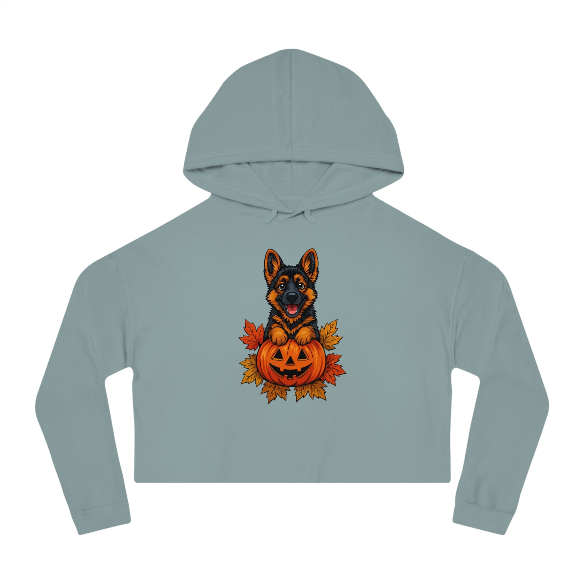 Light blue cropped hoodie with a dog and pumpkin design on a white background