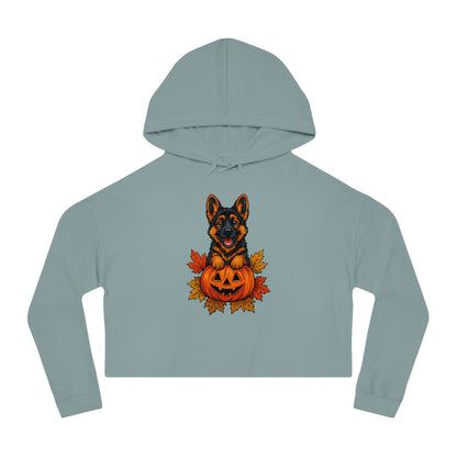 Light blue cropped hoodie with a dog and pumpkin design on a white background